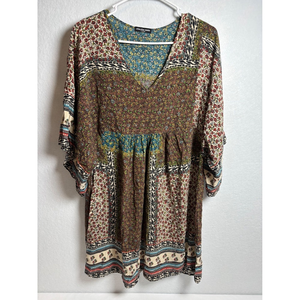 Cha Cha Vente XL Boho Floral Patchwork Tunic Top Rayon Made USA Kimono Sleeve